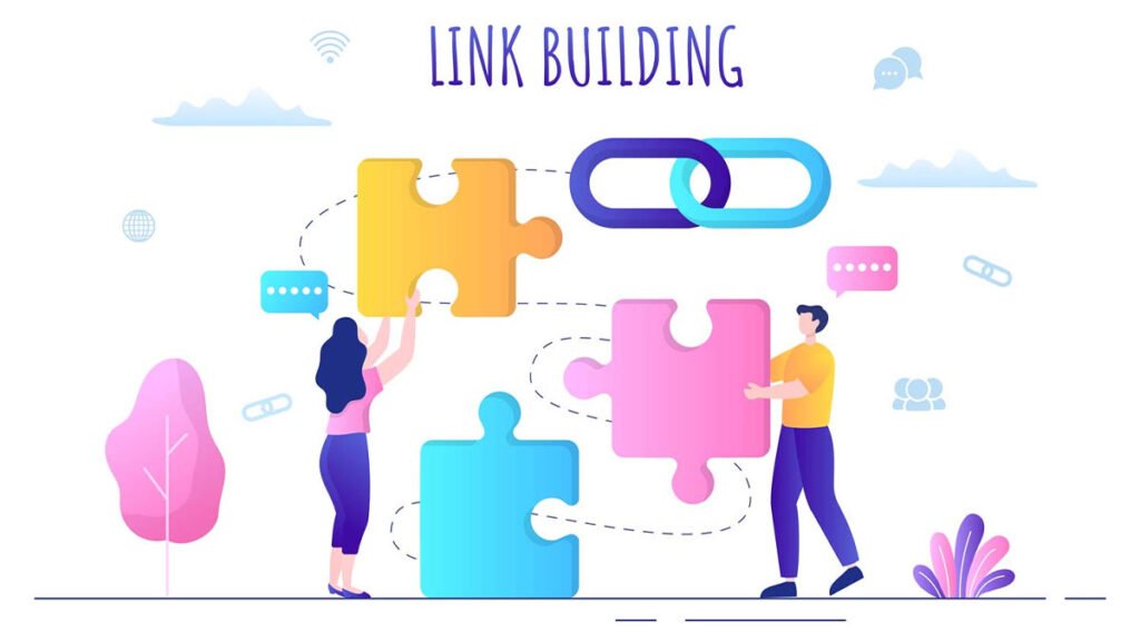 Ilustração conceitual de link building mostrando duas pessoas conectando peças de quebra-cabeça, simbolizando a construção de links entre sites.