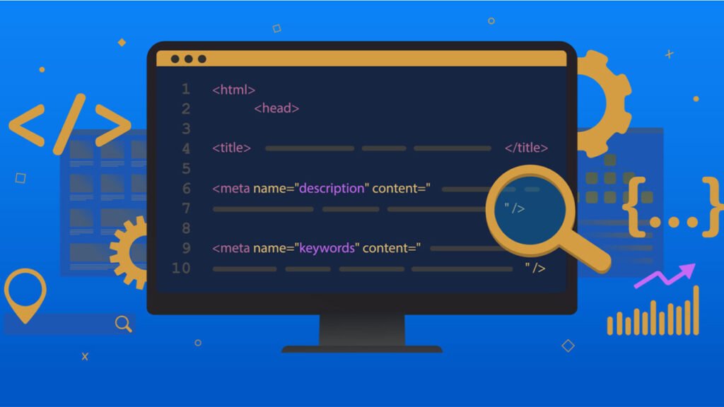 Ilustração de meta description no código HTML, destacando boas práticas de SEO.