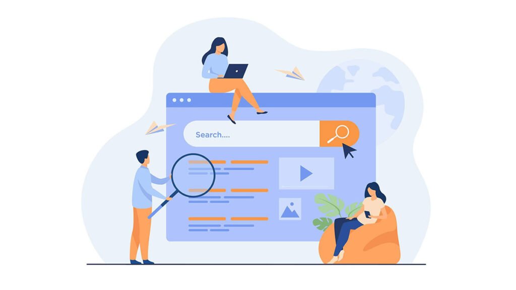 Ilustração de pessoas usando uma barra de pesquisa na internet, representando SEO.