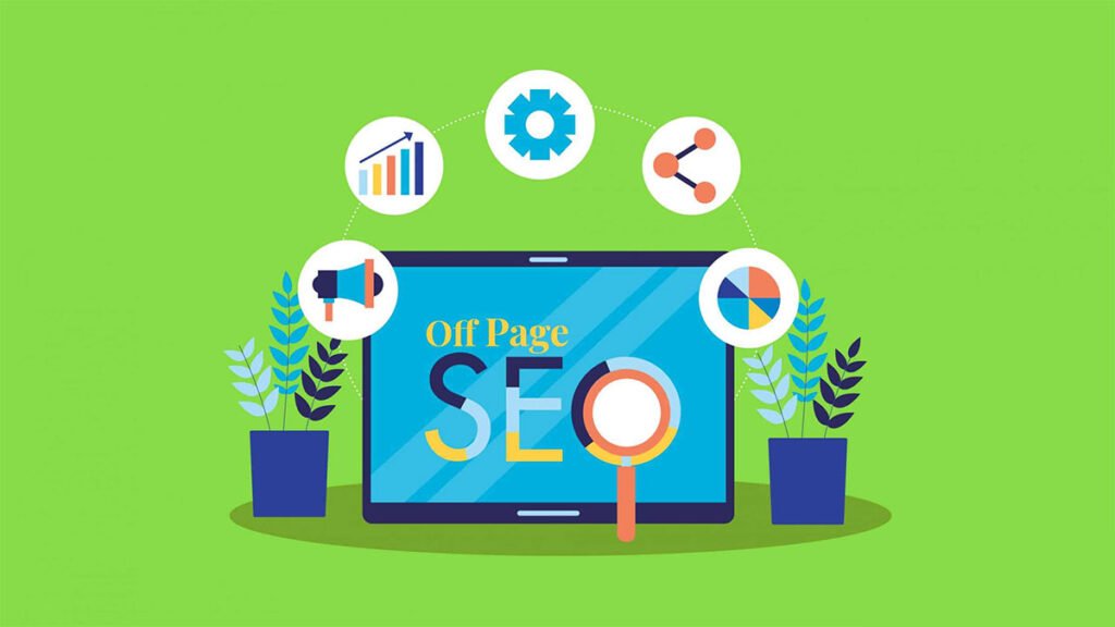 Ilustração de SEO off-page com ícones representando estratégias como backlinks, compartilhamento social e marketing, exibida em tela de computador.