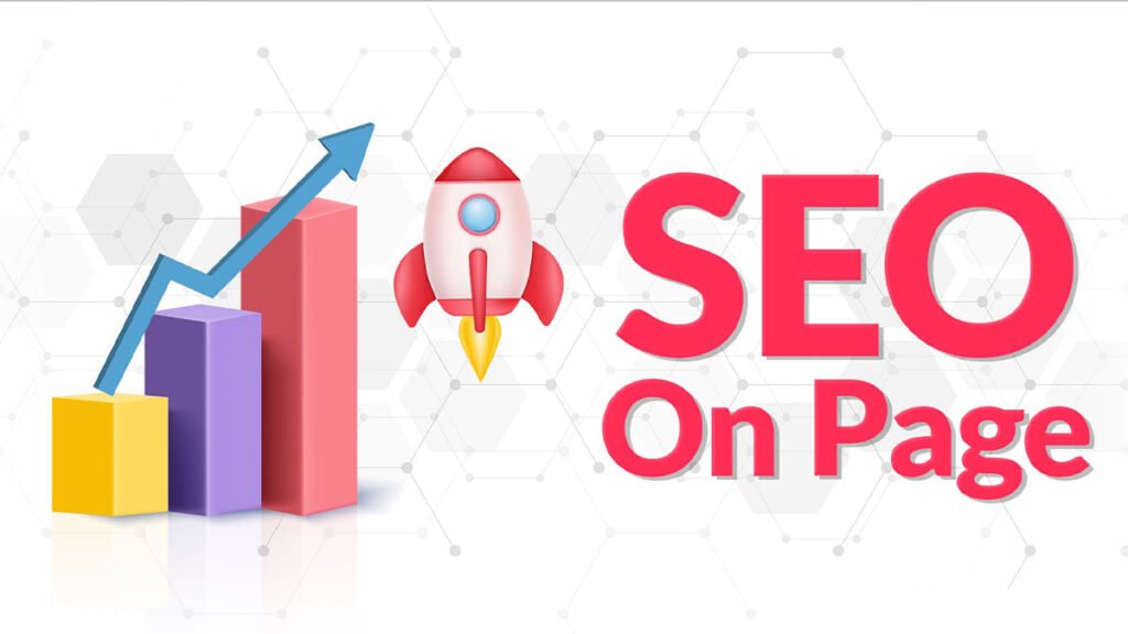 Gráfico em barras e foguete ilustrando SEO on page, representando crescimento e otimização de sites.