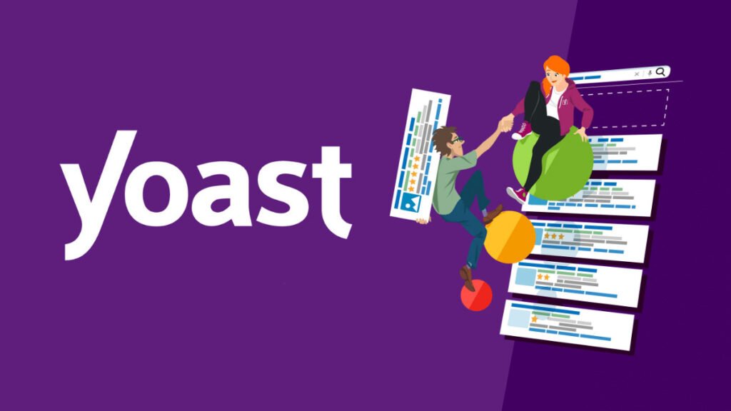 Ilustração do plugin Yoast SEO, mostrando duas pessoas colaborando para alcançar melhores posições nos resultados de busca.