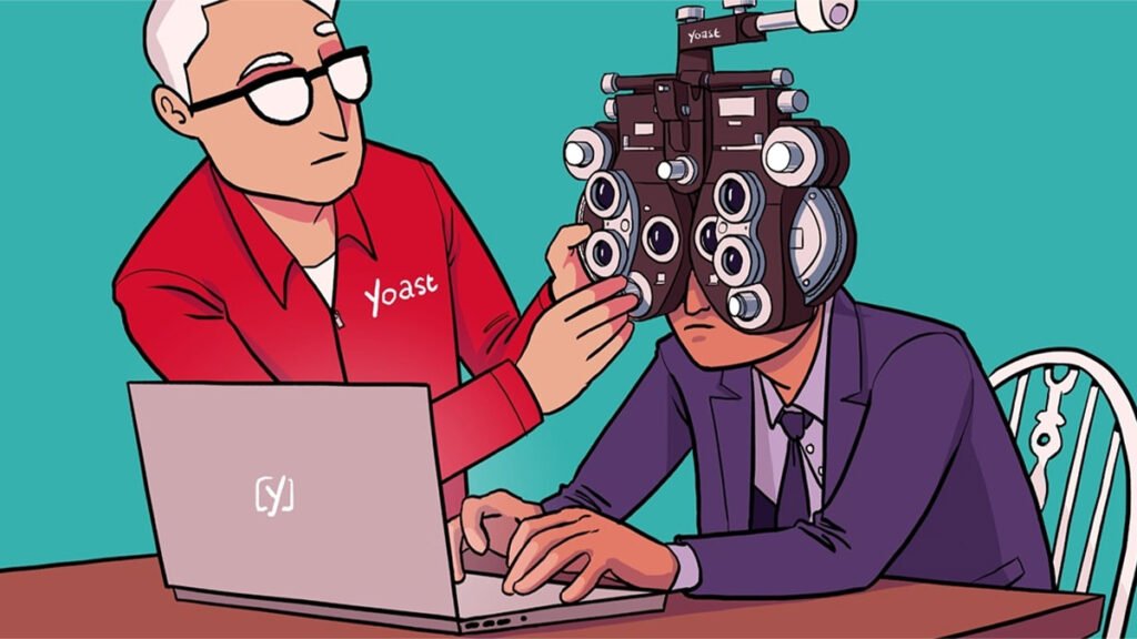 Especialista da Yoast ajusta um phoropter em um homem de terno que digita, simbolizando a análise da frase-chave de foco.