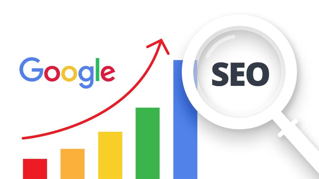Gráfico de crescimento com a logo do Google e uma lupa destacando 'SEO'. Representação do SEO do Google e seu impacto no ranqueamento.