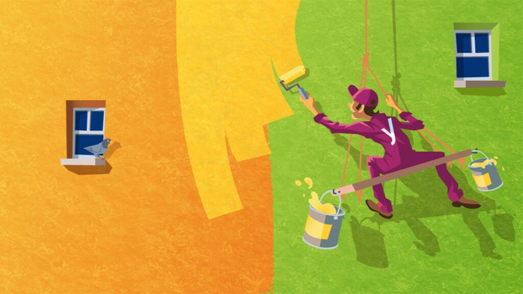 Ilustração de pintor aplicando cor em uma parede, simbolizando a importância das palavras de transição no SEO para fluidez do texto.