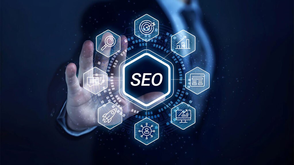 Imagem conceitual de marketing de SEO com elementos digitais, gráficos e ícones interativos em fundo escuro.