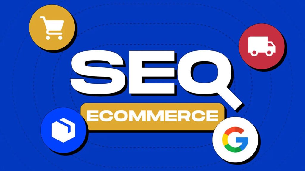 Ilustração sobre SEO para e-commerce, com fundo azul, a palavra 'SEO' em destaque.
