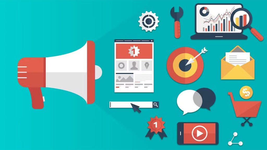 Ícones de Curso Gratuito de Marketing Digital.